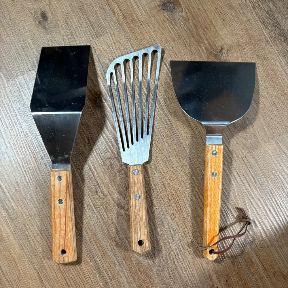 Vintage‎ Stainless Steel Spatula Set 3pc Wood Handle Fish Turner Griddle Scraper